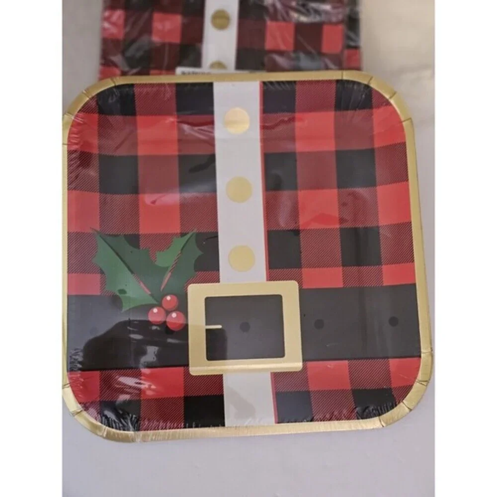 Christmas Santa Belt Party 5 pkgs Napkins & 5 pkgs Plates Set NEW Sealed Plaided